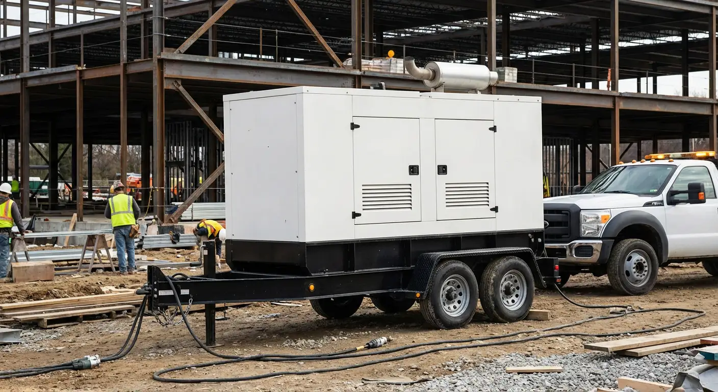 A rugged 100kW towable generator positioned on a dusty construction site near a steel framework, with yellow heavy-duty cables running toward the structure. in Tamarac, FL