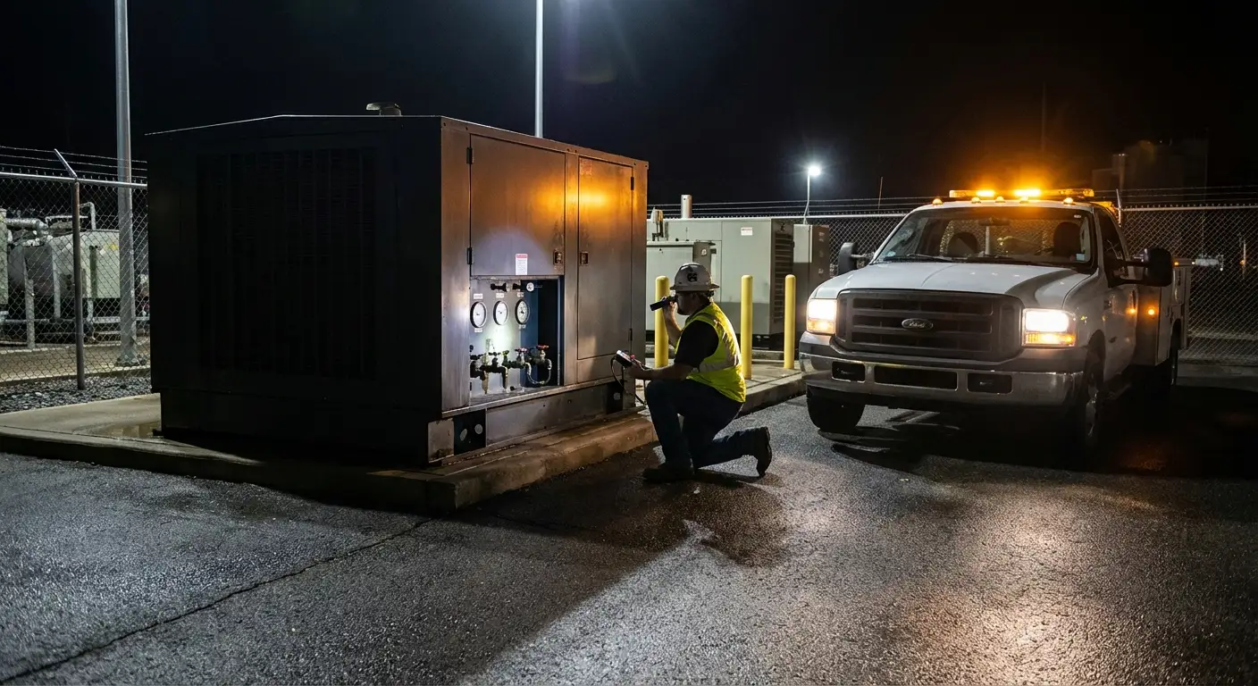 Nighttime shot of a fuel technician monitoring a flow meter while refueling a massive white standby generator enclosure near a secure building. in Tamarac, FL