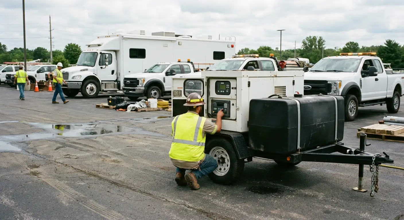 A high-angle shot of an emergency response staging area with a large black mobile command vehicle (bus style); a white industrial generator sits adjacent, with a technician checking the control panel. in Tamarac, FL