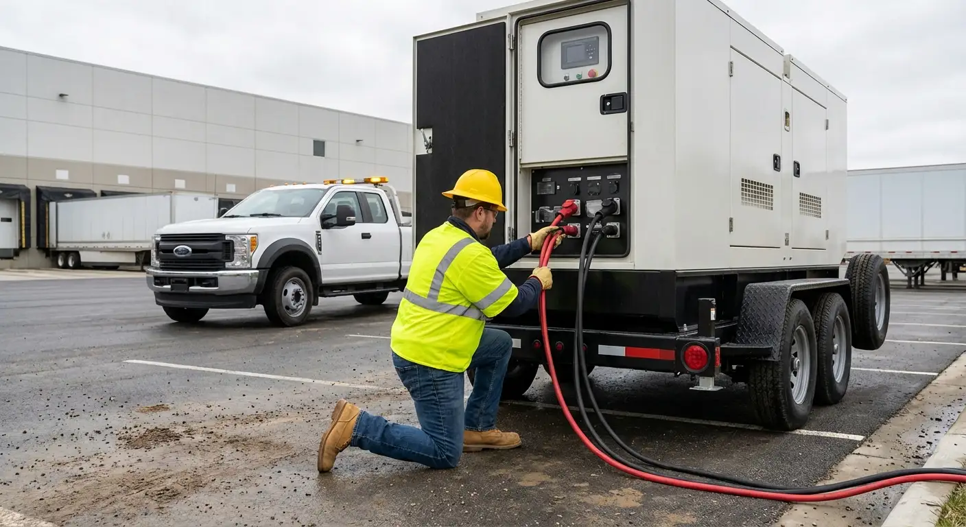A 500kW mobile generator parked next to a large modern distribution center loading dock at dusk, powering temporary floodlights and equipment. in Tamarac, FL