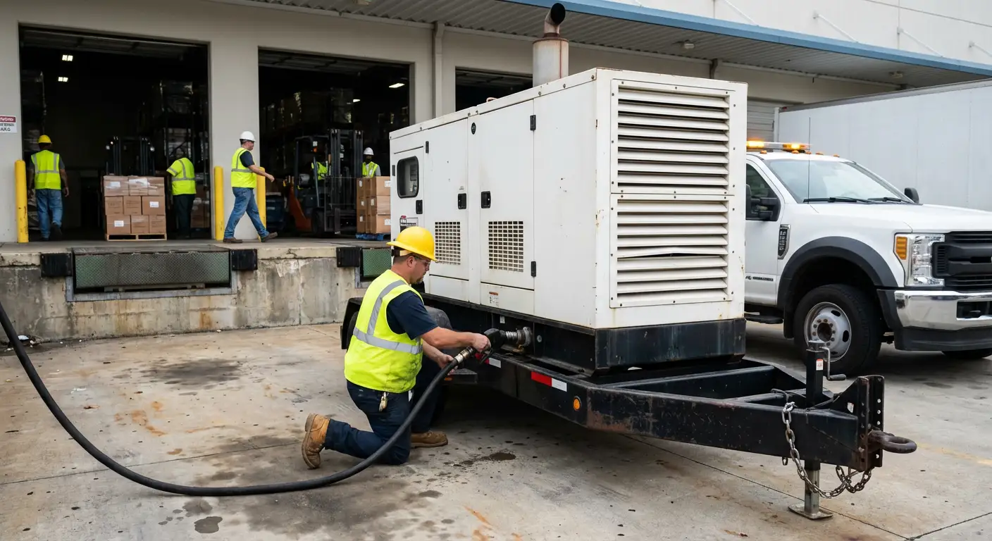 A commercial fuel bobtail truck parked next to a large industrial generator at a busy warehouse loading dock, filling the tank. in Tamarac, FL