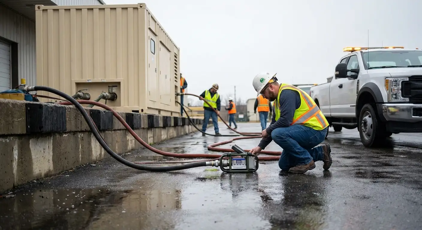 A massive 500kW containerized generator parked in a commercial loading dock during a rainy evening, with a fuel truck parked alongside extending a hose. in Tamarac, FL