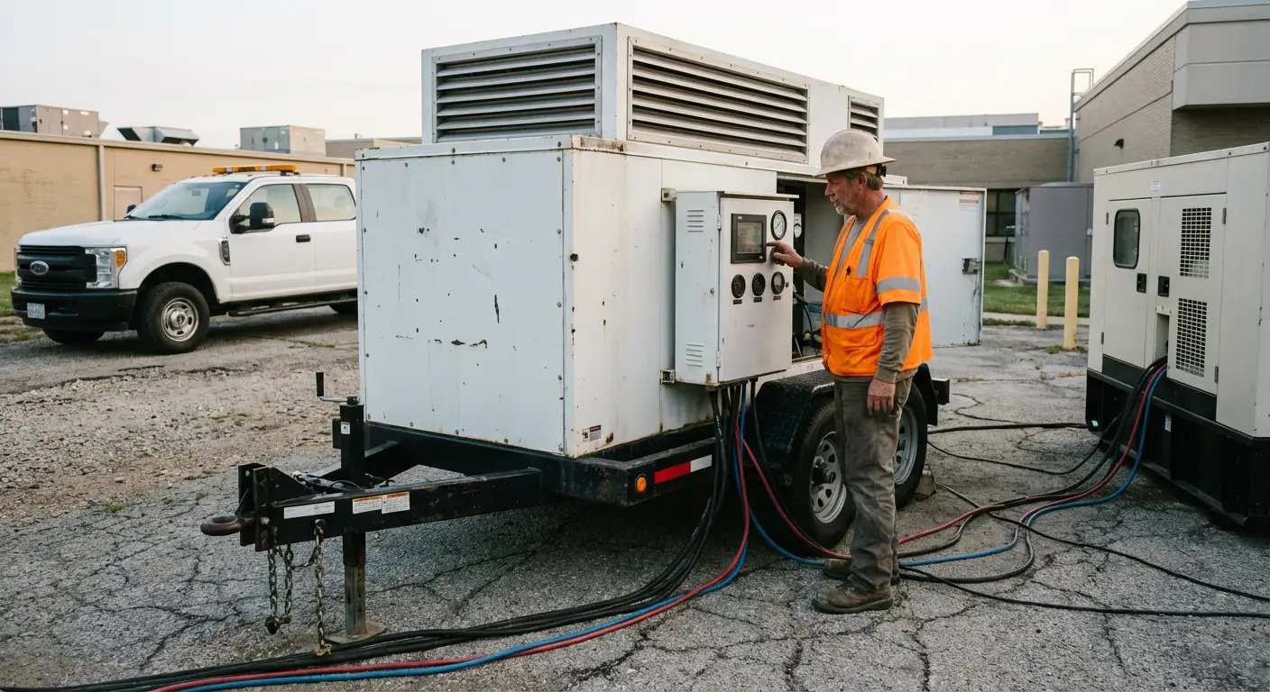 Technician in high-visibility gear adjusting controls on a portable load bank unit stationed outside a hospital utility bay at dawn. in Tamarac, FL