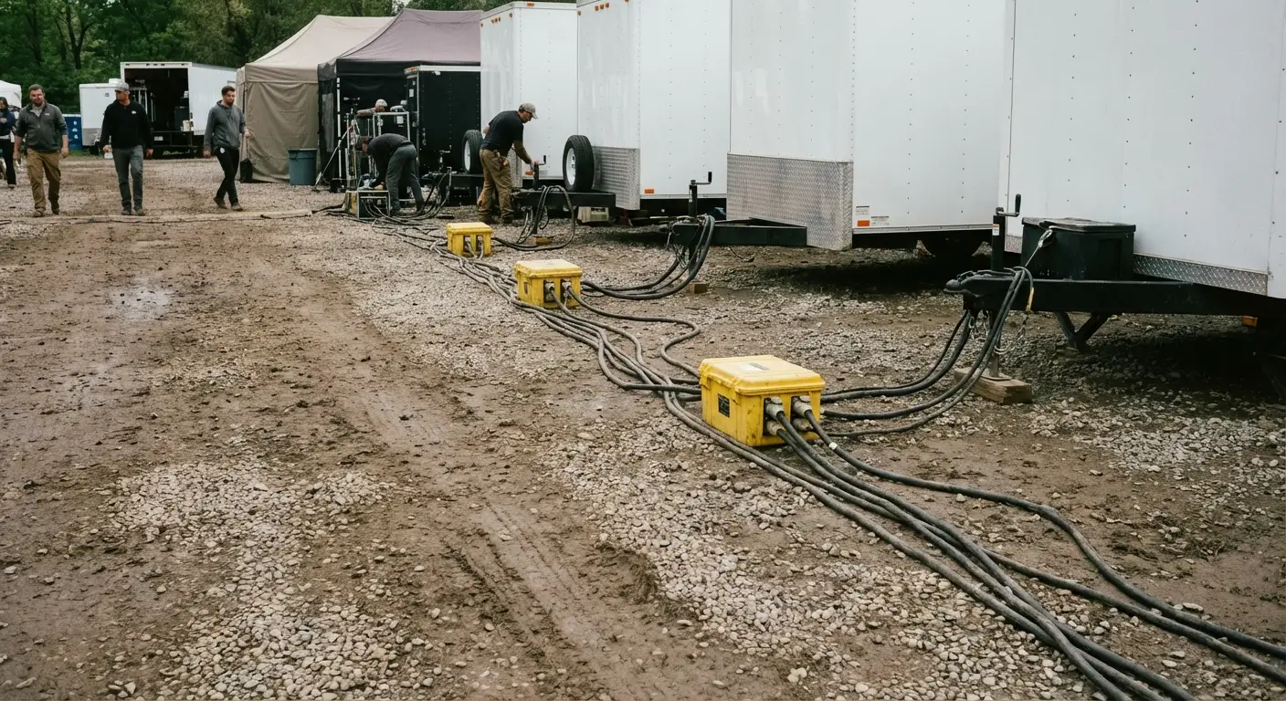 A behind-the-scenes view of a film production base camp; a row of white talent trailers is visible, with yellow cable ramps protecting heavy-duty power cables running along the ground. in Tamarac, FL