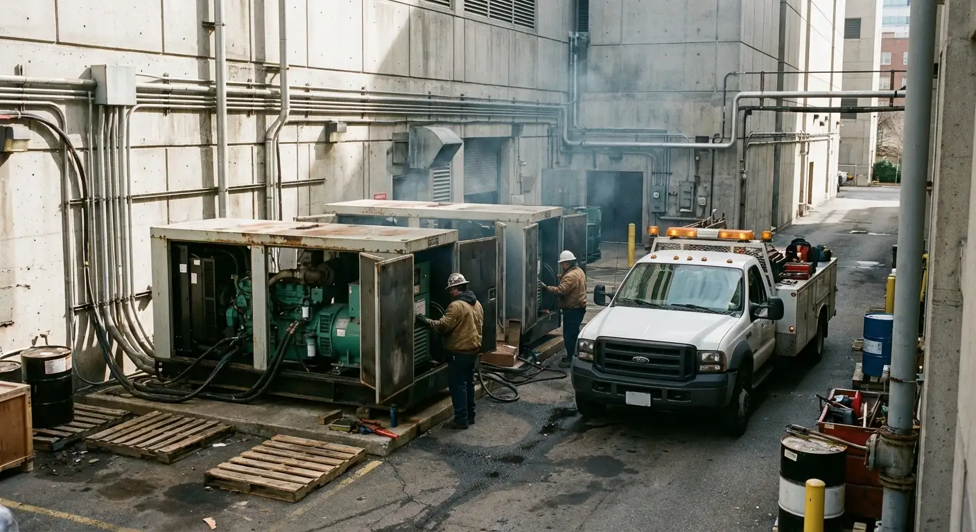 Two large white industrial generators connected in parallel outside a hospital utility building, with thick black cabling running into the facility. in Tamarac, FL