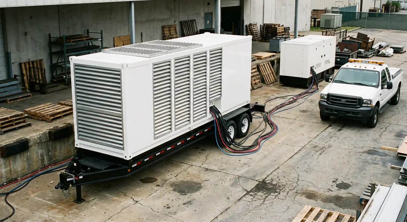 Wide shot of a large resistive load bank trailer connected to a commercial generator behind a busy warehouse loading dock. in Tamarac, FL