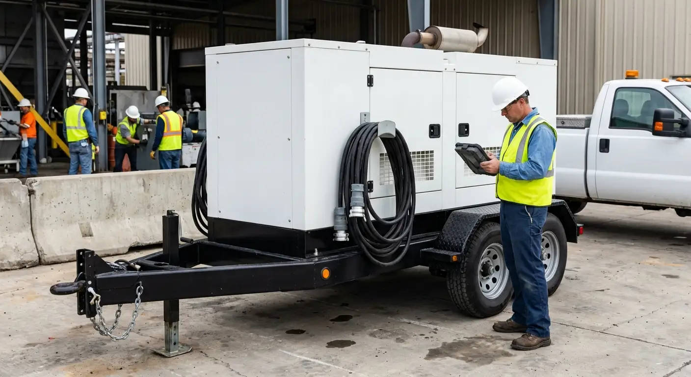 A technician checking the control panel of a towable generator stationed outside a brick factory building during the day, with industrial conduit visible. in Tamarac, FL