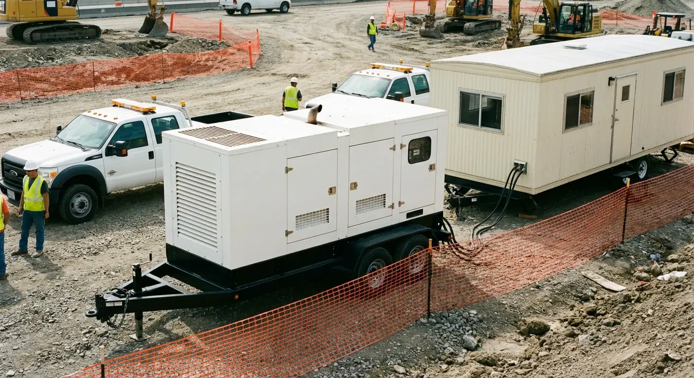 A rugged construction site setting featuring a beige mobile office trailer; in the foreground, a towable 40kW diesel generator is stationed on gravel, connected via thick black cabling to the trailer's power inlet. in Tamarac, FL