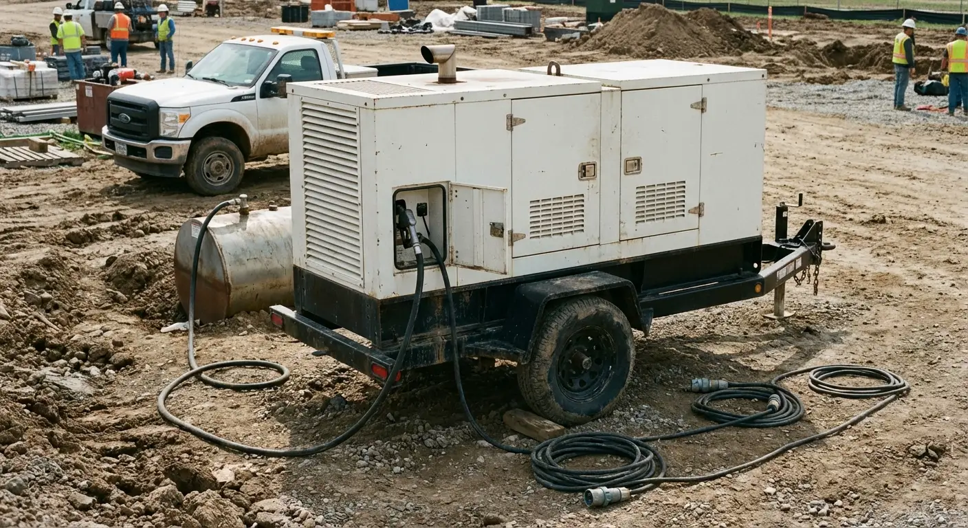 Early morning on a construction site, a fuel hose extending from a truck to a yellow towable generator sitting on gravel. in Tamarac, FL