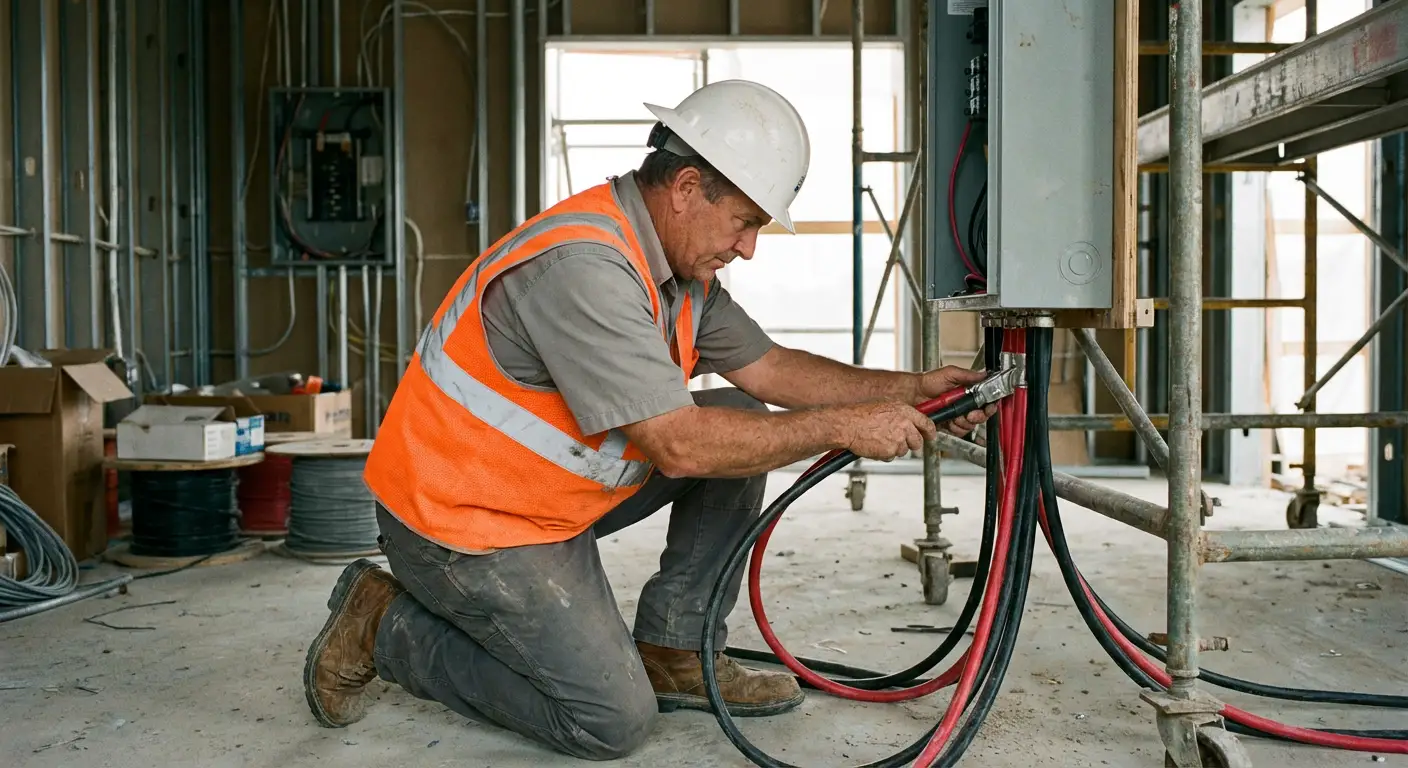 Close-up of heavy-gauge cam-lock cables being connected from a load bank to a building's main distribution panel. in Tamarac, FL