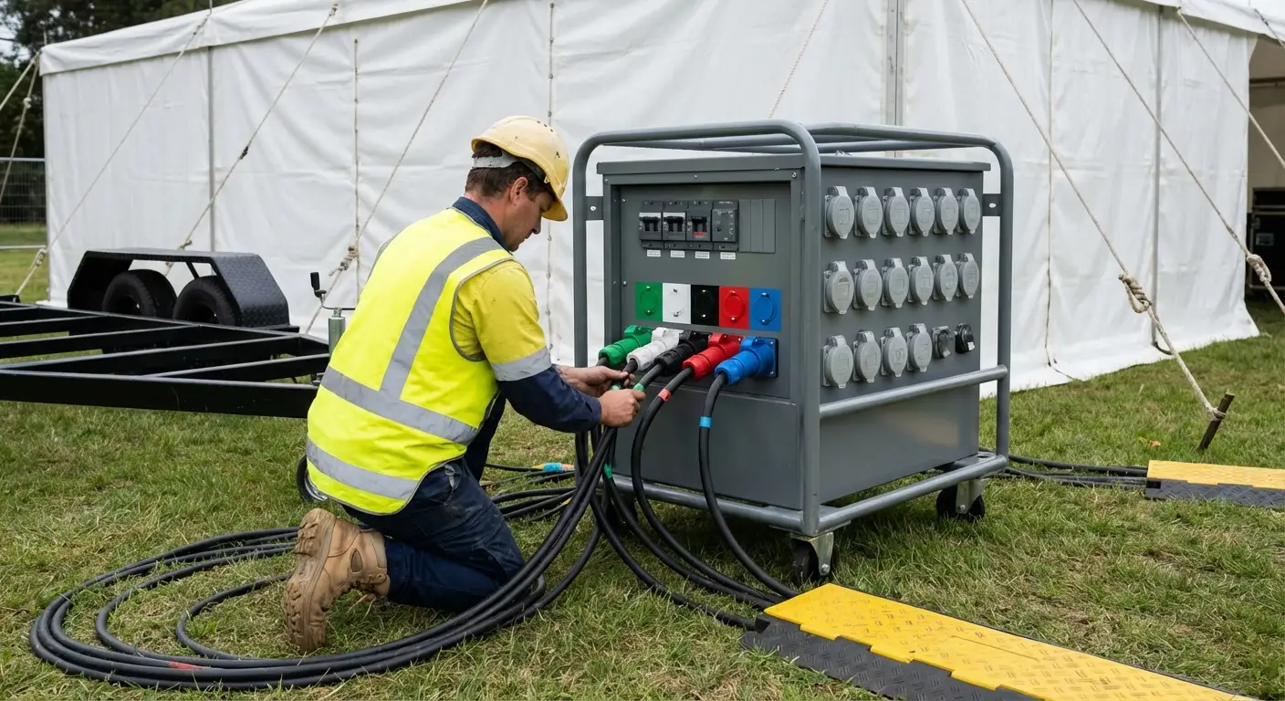 A sleek, white commercial generator placed discreetly behind a hedge at an outdoor event, connected to a distribution panel and spider boxes near a white tent. in Tamarac, FL